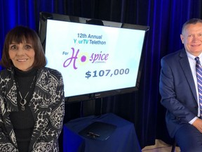 Sandy Collette, fundraising co-ordinator for Carefor Hospice Cornwall and CDSBEO chair Todd Lalonde pose during the 2020 YourTV Telethon for Carefor Hospice Cornwall. In all, nearly $109,000 was raised during the fundraiser. Handout/Cornwall Standard-Freeholder/Postmedia Network