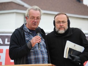 MPP Randy Hillier (left) and Pastor Henry Hildebrandt on the podium at the Cornwall March for Freedom. Photo on Saturday, November 21, 2020, in Cornwall, Ont. Todd Hambleton/Cornwall Standard-Freeholder/Postmedia Network