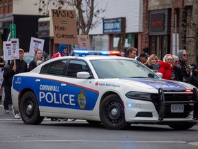 A Cornwall Police Cruiser on Pitt Street, as a demonstration against lockdown measures took place on Saturday November 21, 2020 in Cornwall, Ont. Police said an investigation is open into whether charges will be laid.
John Macgillis/Special to the Cornwall Standard-Freeholder/Postmedia Network