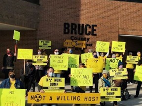 Protect Our Waterways - No Nuclear Waste supporters protest at the Bruce County administration building in Walkerton on Thursday, November 5, 2020.