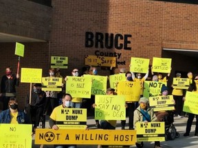 Protect Our Waterways -- No Nuclear Waste supporters protest at the Bruce County administration building in Walkerton on Thursday, November 5, 2020.