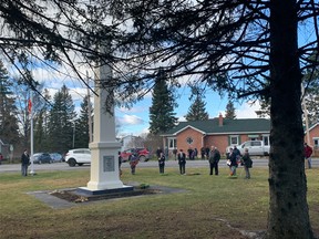 A sparse group of Englehart area residents gathered at the cenotaph Wednesday morning to pay their respects to those who made the ultimate sacrifice for our freedom. Remembrance day services across the district saw gatherings kept to a minimum in keeping with pandemic social distancing guidelines.