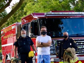 A social media campaign involving James Marshall (left) and chief Bill Hunter of the West Perth and Perth East fire departments, along with Stewart Reynolds (also known as Brittlestar), has generated a lot of buzz - which was its intention, after all. SUBMITTED