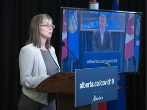 Alberta's chief medical officer of health Dr. Deena Hinshaw attends a COVID-19 update with Health Minister Tyler Shandro appearing remotely. PHOTO BY IAN KUCERAK / Postmedia, file