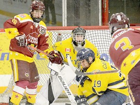 Pierre Racicot (26) and the Timmins Majors will form a cohort with the Kapuskasing Flyers. (Photo by Thomas Perry.)