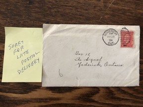 A letter was delivered to the Goderich Signal-Star office 86 years late. Upon further discussion, it was discovered that the letter was pushed under the door, already opened, with a sticky note attached. It was not delivered by Canada Post and it remains unclear who sent the letter a few weeks ago. Kathleen Smith