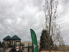 Representatives from Tree Canada pose next to the newly planted poplar trees at Ecole Parc Elementary school. Photo supplied.