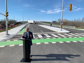 Kingston Mayor Bryan Paterson speaks at the official opening of the John Counter Boulevard overpass in Kingston on Thursday. (Elliot Ferguson/The Whig-Standard)