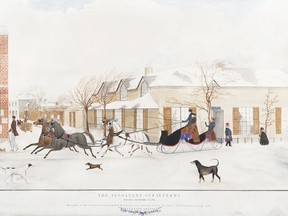 Sir Edmund Yeamans Walcott Henderson's "The Insolvent Subalterns Paying Morning Visits," 1843, watercolour on paper, at Agnes Etherington Art Centre.