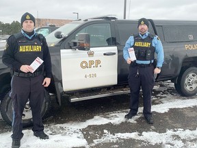 Temiskaming  OPP Auxiliary members Kris Rivard and Mark Clattenburg were on foot patrol in Temiskaming Shores for Crime Prevention Week.