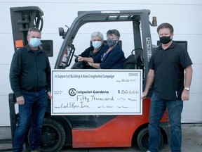 The 'Building a New Craigholme' capital campaign in Ailsa Craig last week celebrated a $50,000 donation from Earl S. Ross welding and fabricating. From left are co-owner Darryl Thompson, capital campaign chairperson Jackie Wells, board chairperson Jennifer Gillies and co-owner Bev Thompson.