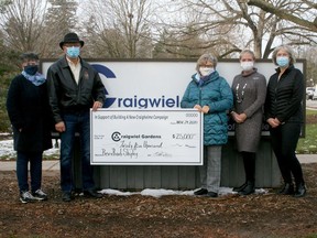 Bev and Barb Shipley of the Ailsa Craig area recently donated $25,000 toward the $1.25-million 'Building a New Craigholme' campaign. From left are board chairperson Jennifer Gillies, Bev and Barb Shipley, campaign co-ordinator Shannon Churchill and board vice-chairperson Irene Howarth. Scott Nixon