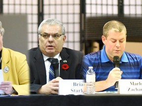 Unlike this stitched together image, the three mayoral candidates at Nipawin's all candidate forum on Monday, Nov 2 sat six feet apart in a live streamed event hosted by the Nipawin and District Chamber of Commerce.
Left to right are Rennie Harper, Brian Starkell and Marlon Zacharias. Photo Susan McNeil.