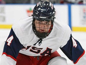 Mitchell Miller plays for the United States against Russia at the Hlinka Gretzky Cup bronze-medal game in Edmonton on Saturday, Aug. 11, 2018. (THE CANADIAN PRESS/Codie McLachlan)