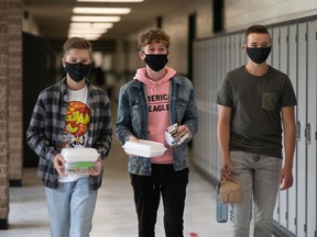 Three students at MUCC in Melfort at the start of the 2020-21 school year. Students have adapted masks quickly and wear them even when not required, says the NESD. Photo Kelsey Dyck.