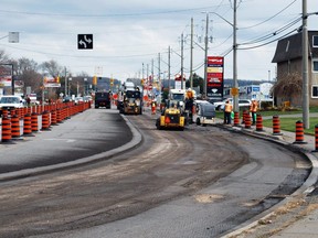 Crews with Harold Sutherland Construction began milling and paving the stretch of 16th Street East between 9th Avenue and 16th Avenue Tuesday in Owen Sound. The work started on the eastbound lane nearest 9th Avenue East. Owen Sound police officers were directing traffic at the intersection as a result of the lane closure. DENIS LANGLOIS