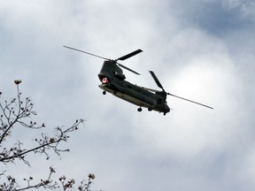 The Royal Canadian Air Force will conduct flybys in various communities across Canada, including Pembroke, Deep River and Renfrew, today to mark Remembrance Day. This Chinook participated in a flyby near the Pembroke Regional Hospital in May to thank health-care and essential workers for their efforts related to the COVID-19 pandemic.