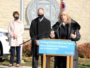 Dr. Merrilee Fullerton, Ontario's Minister of Long-Term Care, was in Renfrew Oct. 30 to announce $5 million in funding for a Community Paramedicine for Long-Term Care pilot program in five communities across the province, including Renfrew County. Looking on during the announcement were Renfrew County Warden Debbie Robinson (left)  and Renfrew-Nipissing-Pembroke MPP John Yakabuski, Minister of Natural Resources and Forestry.