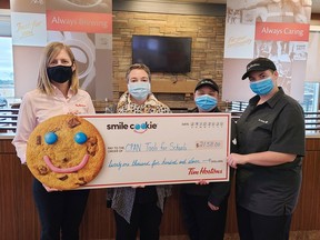 Tim Hortons locations in Pembroke and the Town Centre location in Petawawa raised $21,511 for the Renfrew County Child Poverty Action Network though the sale of Smile Cookies. Taking part in the cheque presentation (from left) Pembroke owner Nancy McCluskey, Chantal Lafrance-Purdie, a member of the CPAN Steering Committee and Town Centre managers Savanna Young and Britney Hall. The funds go towards CPAN's Tools for Schools Program.