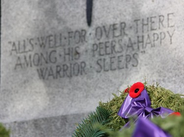 "The Blood Red Poppy of Flanders is immortalized as an emblem of sacrifice and remembrance for honouring the thousands who laid down their lives for those ideals which we as Canadians cherish." These words from The Blood Red Poppy, were red by Pembroke Legion President Stan Halliday during Remembrance Day ceremonies on Nov. 11. Wreaths adorned with poppies were placed around the base of the cenotaph in Pembroke. Anthony Dixon