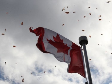 The red maple leaf of the Canadian flag flies proudly over the Remembrance Day ceremony in Pembroke, held high by a stiff autumn breeze carrying a blizzard of falling oak leaves. Anthony Dixon