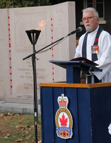 Branch 72 chaplain Padre Dave Norris delivers a brief homily on faith over fear during Remembrance Day ceremonies in Pembroke on Nov. 11. Anthony Dixon