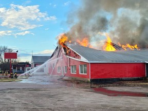 A fire which started in the attic of the former Red Bargain Barn building on Pembroke Street West spread quickly through the predominantly wooden structure on Nov. 9. The Pembroke Fire Department battled the blaze for nine hours.