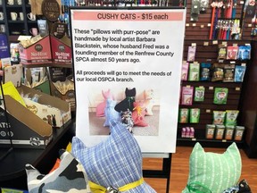 Barbara Blackstein has handcrafted a number of Cushy Cat pillows which can be adopted from the Pet Valu stores in Pembroke and Petawawa or from Bright Eyes and Bushy Tails for $15. Proceeds go to the Ontario SPCA Renfrew County Animal Centre. Submitted photo
