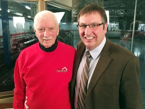 In 2016, Lionel Barber shared countless hockey stories with Jamie Bramburger at the Pembroke Memorial Centre (when this photo was taken). That interview inspired Bramburger to write his book on the history of the Pembroke Lumber Kings. Barber passed away Nov. 8 at the age of 89.