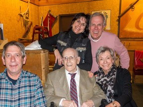Bonnechere Manor resident and Second World War veteran Harold Irving is donating $25,000 to the Pembroke Regional Hospital Foundation to celebrate his 100th birthday on Nov. 20. He poses here with his four children,  from left, Ron, Val, Jim, and Judy. Submitted photo