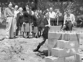 Legion members, including Ross McLean, Freda Calcutt and Mary Keck, look on as Bob Calcutt lays the cornerstone for the new Legion Hall on Oct. 20, 1961.Photo courtesy of Strathroy Legion