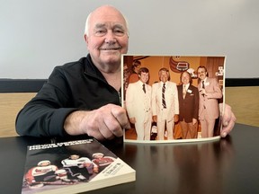 As an agent for around 20 years, Stratford’s Jerry Petrie (second from right) had a star-studded roster that included Jean Belliveau, Guy Lafleur, Rusty Staub, Gary Carter, Duke Snider and Nancy Greene, but it was Howie Meeker (second from left) who elicited some of the most passionate reactions across Canada. (Cory Smith/The Beacon Herald)