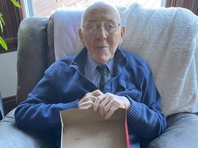 Lloyd Schmidt, pictured on his 99th birthday, died Monday after contracting COVID-19 at Cedarcroft Place in Stratford. Eight residents have died since an outbreak was declared Oct. 27. (Submitted photo)