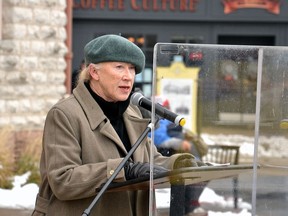 Among those who spoke at Monday's rally was Stratford singer-songwriter and environmental activist Loreena McKennitt, who called for a moratorium on the proposed Xinyi Canada Glass plant until area residents can have their questions and concerns about the project addressed. (Galen Simmons/The Beacon Herald)