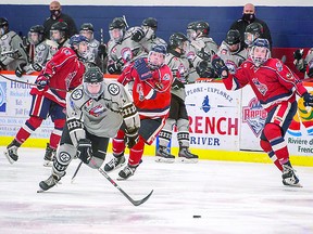 Espanola Express forward Cole Delarosbil, a Sault boy, in recent NOJHL action against the French River Rapids. NOJHL.COM