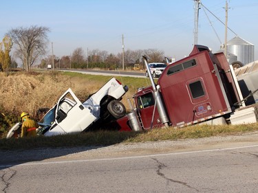 A tanker hauling gasoline and a pickup truck collided at Brigden Road and Petrolia Line on Friday November 6, 2020 in St. Clair Township, Ont. Terry Bridge/Sarnia Observer/Postmedia Network