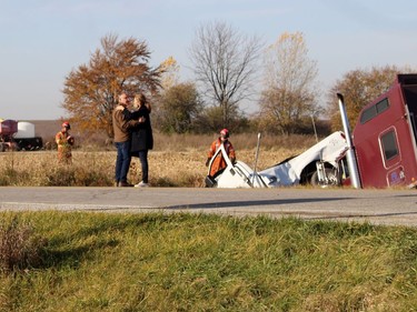 A tanker hauling gasoline and a pickup truck collided at Brigden Road and Petrolia Line on Friday November 6, 2020 in St. Clair Township, Ont. Terry Bridge/Sarnia Observer/Postmedia Network