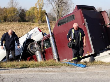 A tanker hauling gasoline and a pickup truck collided at Brigden Road and Petrolia Line on Friday November 6, 2020 in St. Clair Township, Ont. Terry Bridge/Sarnia Observer/Postmedia Network