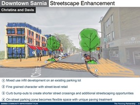 One of the slides in a community improvement plan presentation to council Monday shows possible improvements to the intersection of Christina and Davis streets in downtown Sarnia. A public meeting on the proposals is scheduled for Nov. 23.