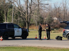 Lambton OPP set up barricades at Indian and Greenbird lanes on Sunday November 8, 2020 in Kettle Point First Nation, Ont. Terry Bridge/Sarnia Observer/Postmedia Network