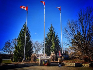 Eddie Babcock of Sarnia visited and played Amazing Grace at several cenotaphs in Lambton County for Remembrance Day. (Submitted)