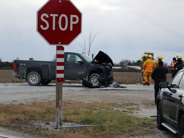 Two pickup trucks collided at the intersection of Brigden and Plank roads on Tuesday November 17, 2020 in St. Clair Township, Ont. Terry Bridge/Sarnia Observer/Postmedia Network