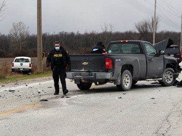 Two pickup trucks collided at the intersection of Brigden and Plank roads on Tuesday November 17, 2020 in St. Clair Township, Ont. Terry Bridge/Sarnia Observer/Postmedia Network
