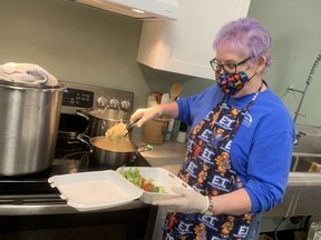 Carol Turner with the New Beginnings, ABI & Stroke Recovery Association prepared one of over 80 meals that were ordered during their annual United Way spaghetti fundraising event. ABI receives $45,000 annually from the United Way of Sarnia-Lambton and is one of 18 agencies funded locally by the United Way. New Beginnings offer several programs and services for people who have had a stroke or a head injury and are located on Indian Road in the Eastland Plaza. United Way photo