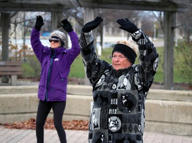 Paul Morden/The Observer
Holly Tesselaar, with the West Lambton Community Health Centre, takes part in one of its low-impact exercise classes Monday in Sarnia's Centennial Park.