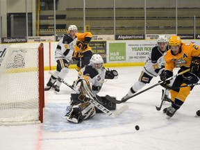 The Spruce Grove Saints lost a close 5-4 battle against the Grande Prairie Storm Saturday night at the Grant Fuhr Arena. It was the Saints first loss of the AJHL regular season.