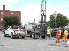 A rig drills for core samples at the parking lot of the old Ledo Hotel in Sudbury, Ont. on Wednesday July 29, 2020. The $45-million Le Ledo project will reimagine the Ledo Hotel on Elgin Street.