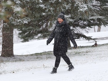 A woman goes for a walk during a snowy day in Sudbury, Ont. on Monday November 2, 2020. John Lappa/Sudbury Star/Postmedia Network