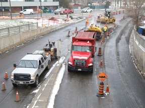 Paving near the Brady Street underpass reduced traffic lanes from four lanes to two lanes in Sudbury, Ont. this week.