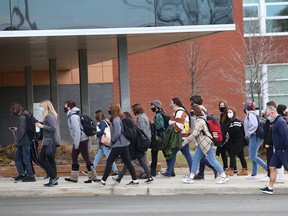 Students and staff are evacuated from Sudbury Secondary School in 2020 because of a bomb threat.